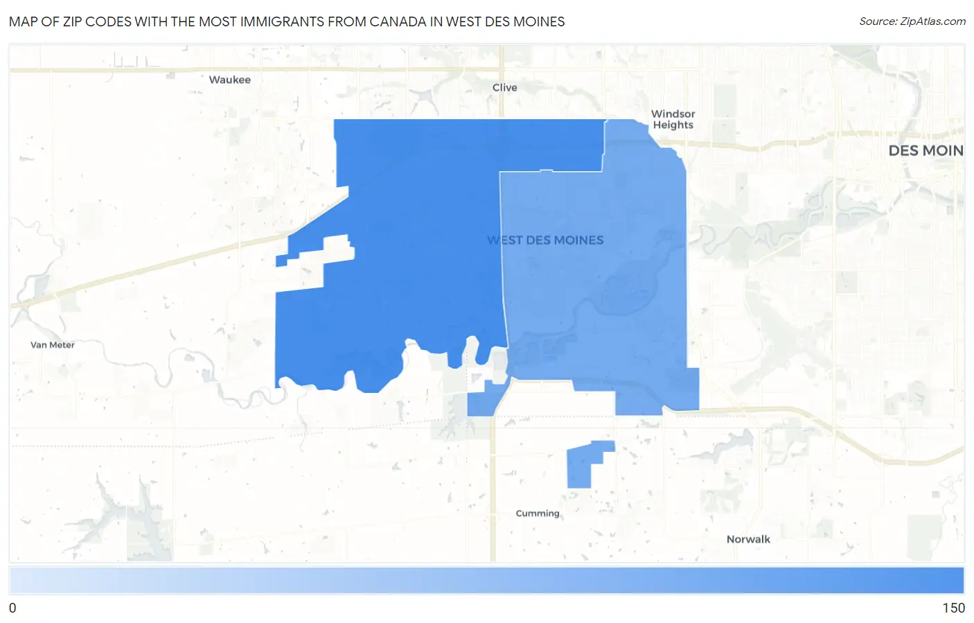 Zip Codes with the Most Immigrants from Canada in West Des Moines Map