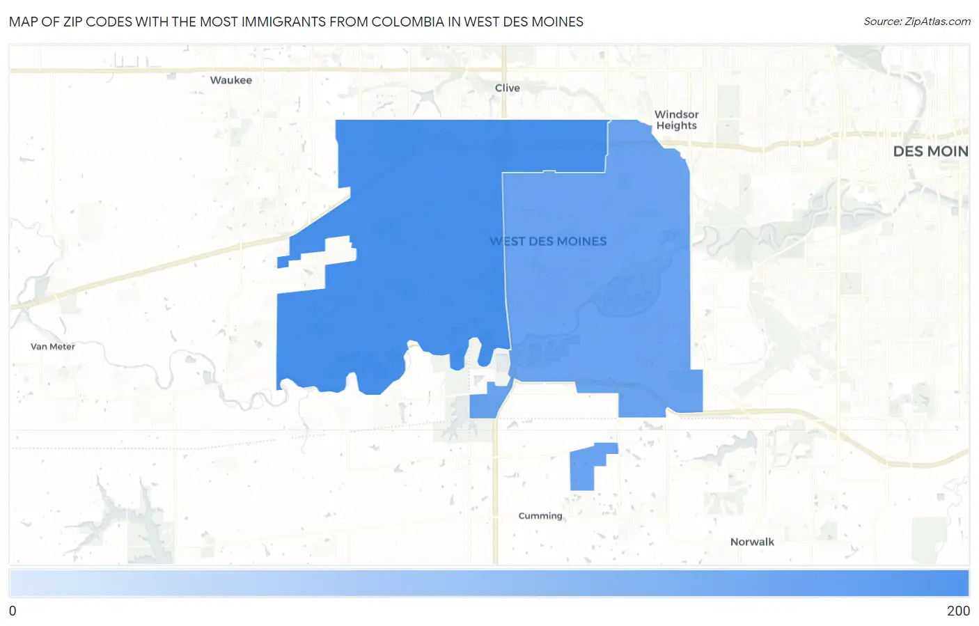 Zip Codes with the Most Immigrants from Colombia in West Des Moines Map