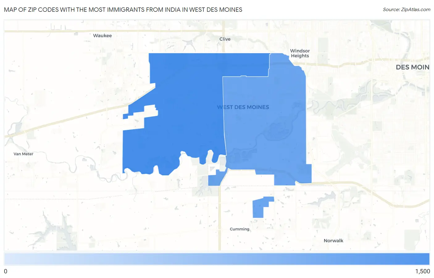 Zip Codes with the Most Immigrants from India in West Des Moines Map