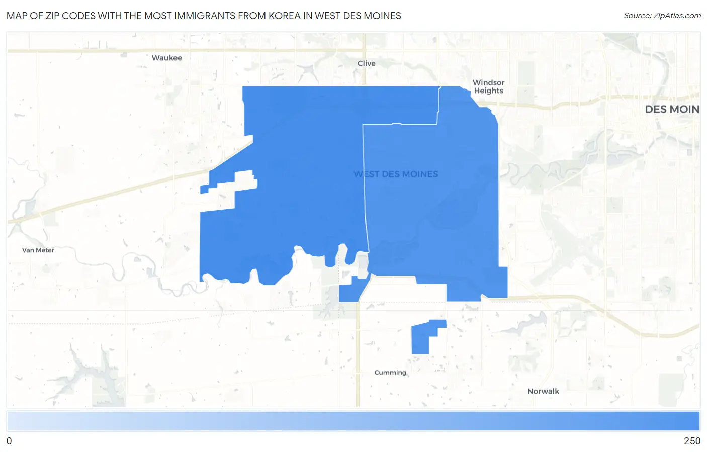 Zip Codes with the Most Immigrants from Korea in West Des Moines Map