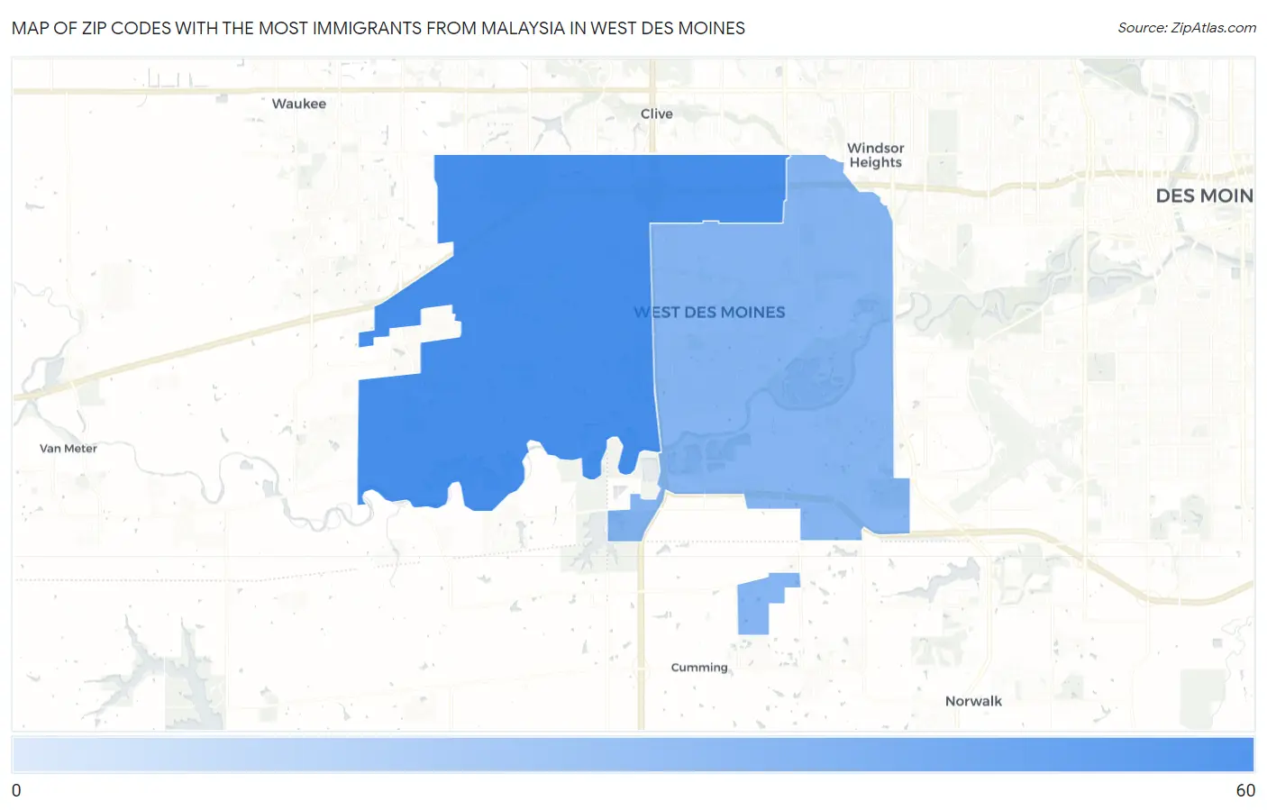 Zip Codes with the Most Immigrants from Malaysia in West Des Moines Map
