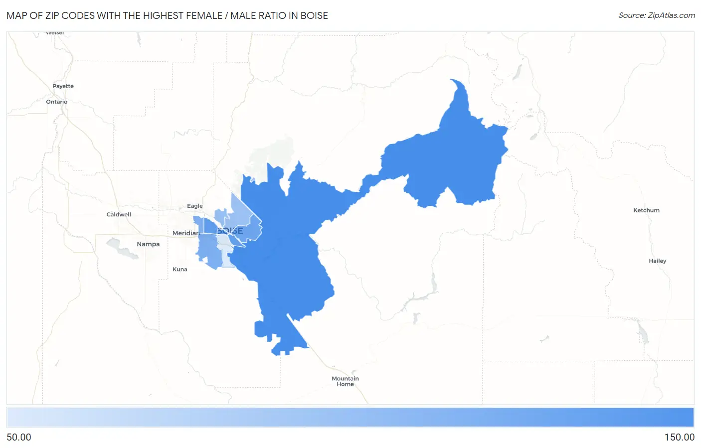 Zip Codes with the Highest Female / Male Ratio in Boise Map