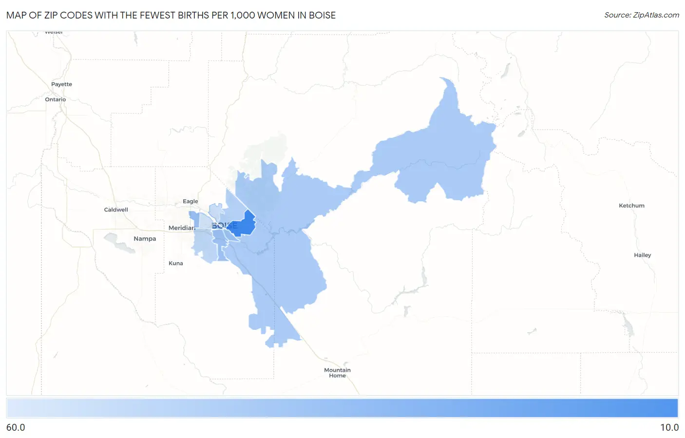 Zip Codes with the Fewest Births per 1,000 Women in Boise Map