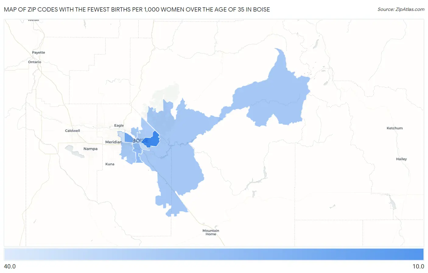 Zip Codes with the Fewest Births per 1,000 Women Over the Age of 35 in Boise Map