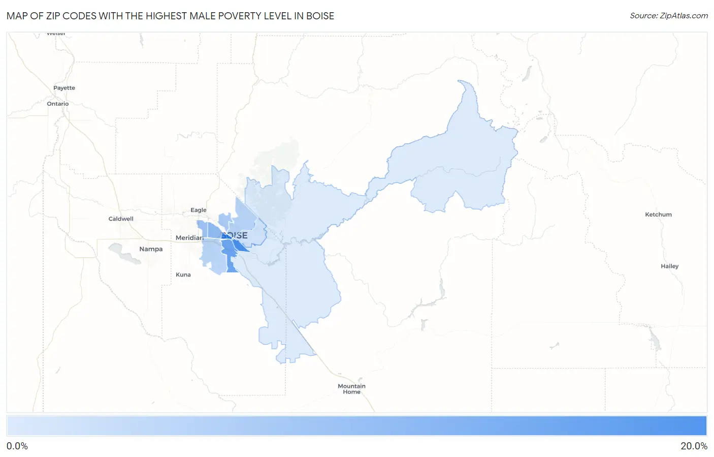 Zip Codes with the Highest Male Poverty Level in Boise Map