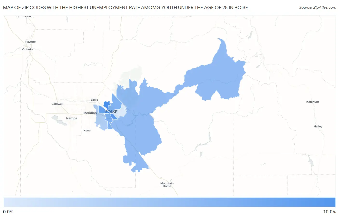 Zip Codes with the Highest Unemployment Rate Amomg Youth Under the Age of 25 in Boise Map