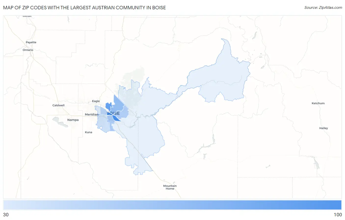 Zip Codes with the Largest Austrian Community in Boise Map