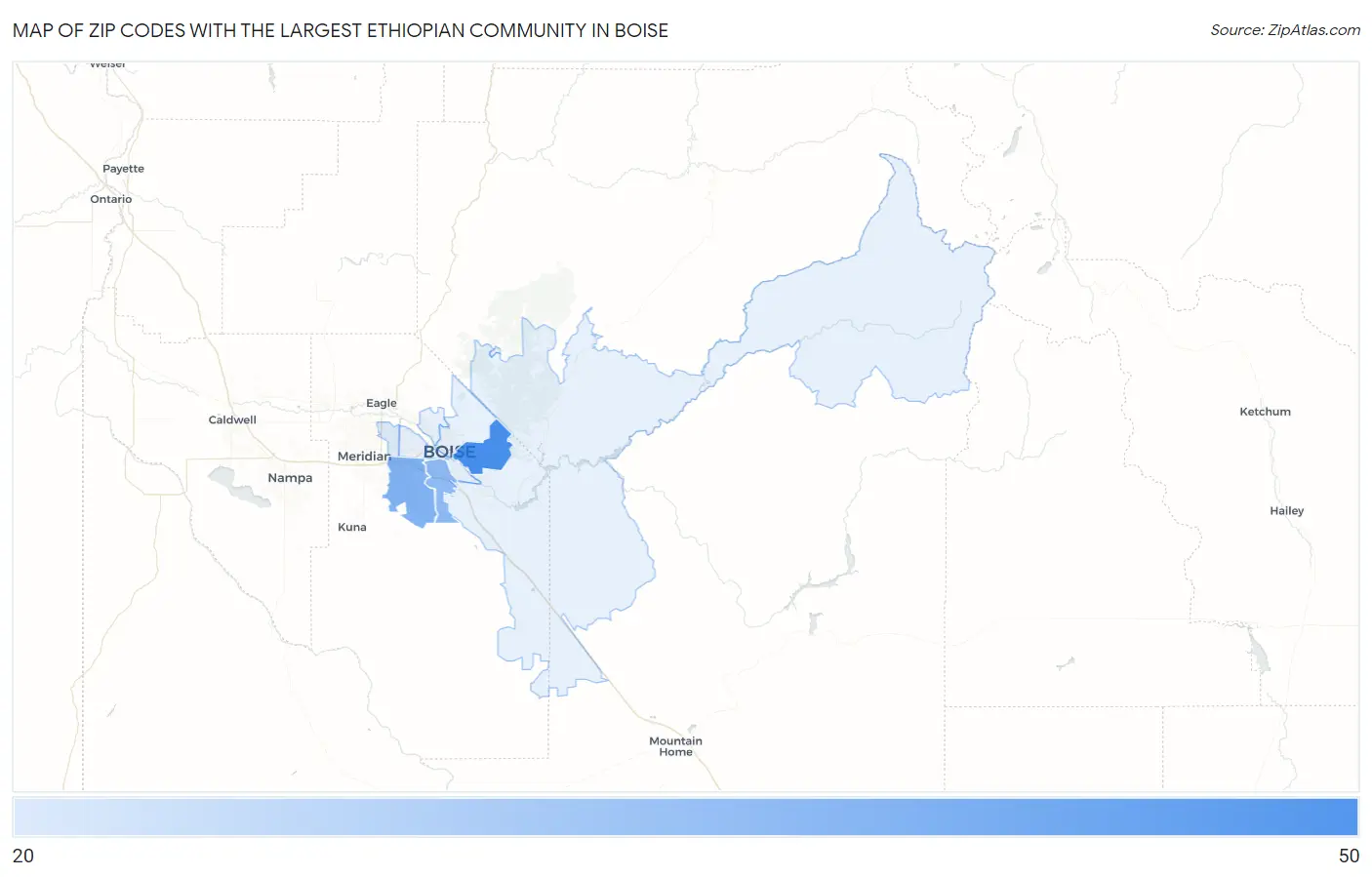 Zip Codes with the Largest Ethiopian Community in Boise Map