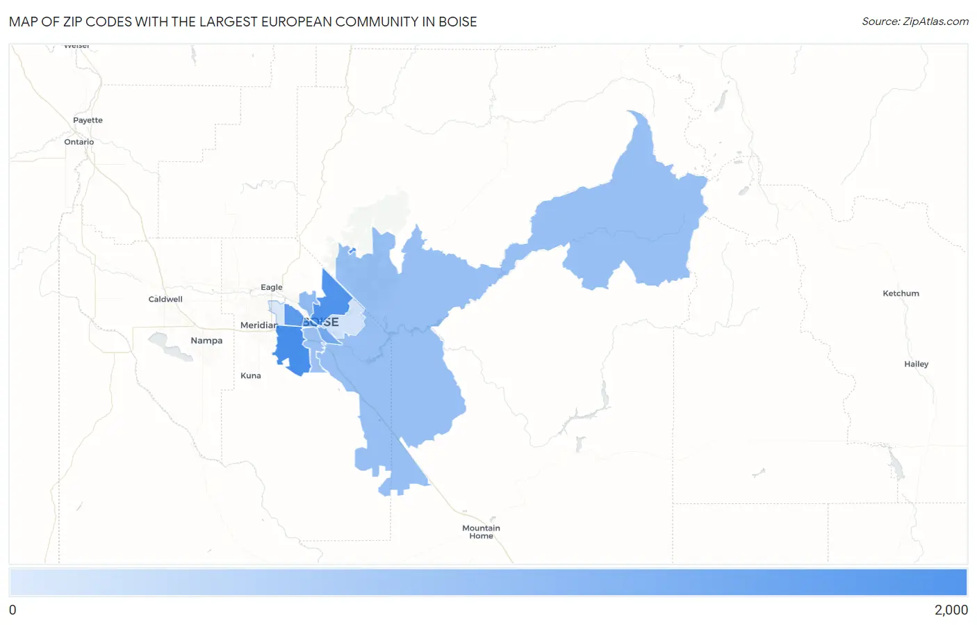 Zip Codes with the Largest European Community in Boise Map