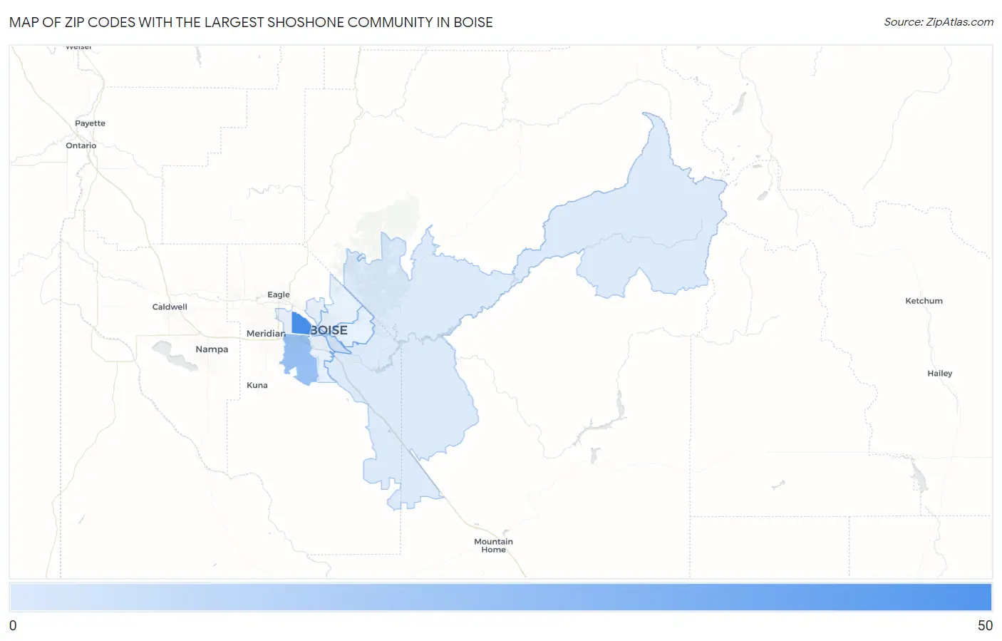 Zip Codes with the Largest Shoshone Community in Boise Map