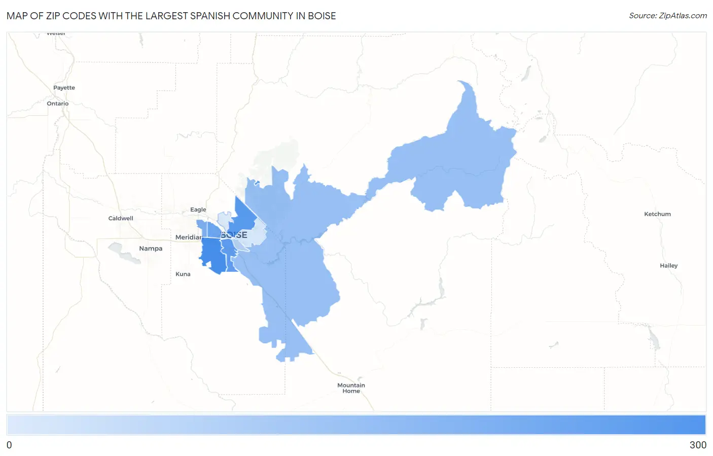 Zip Codes with the Largest Spanish Community in Boise Map