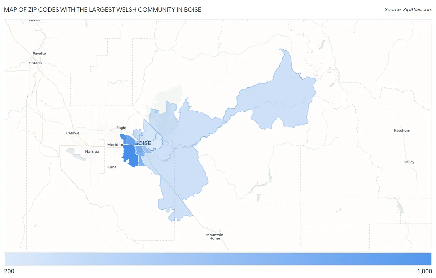 Zip Codes with the Largest Welsh Community in Boise Map