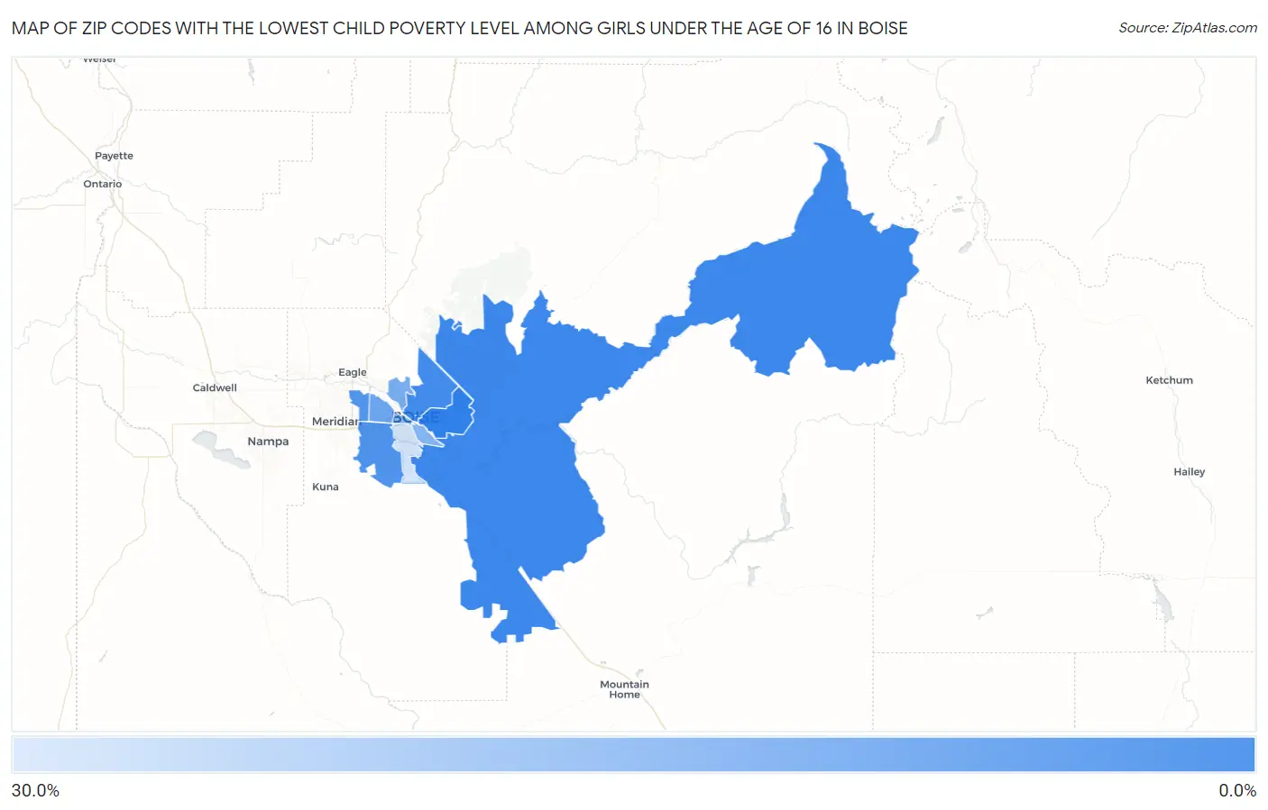 Zip Codes with the Lowest Child Poverty Level Among Girls Under the Age of 16 in Boise Map