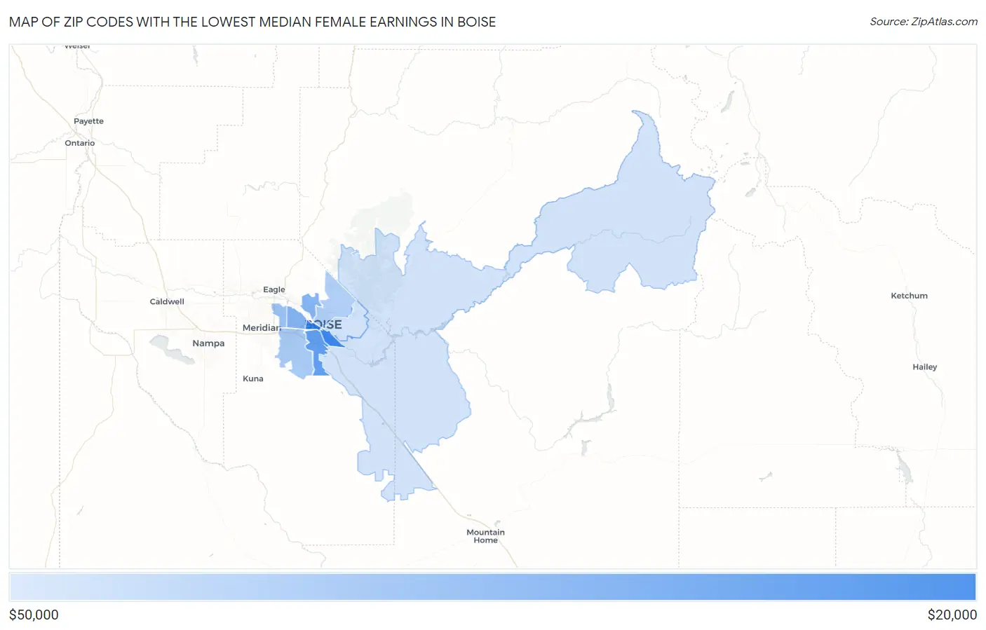 Zip Codes with the Lowest Median Female Earnings in Boise Map