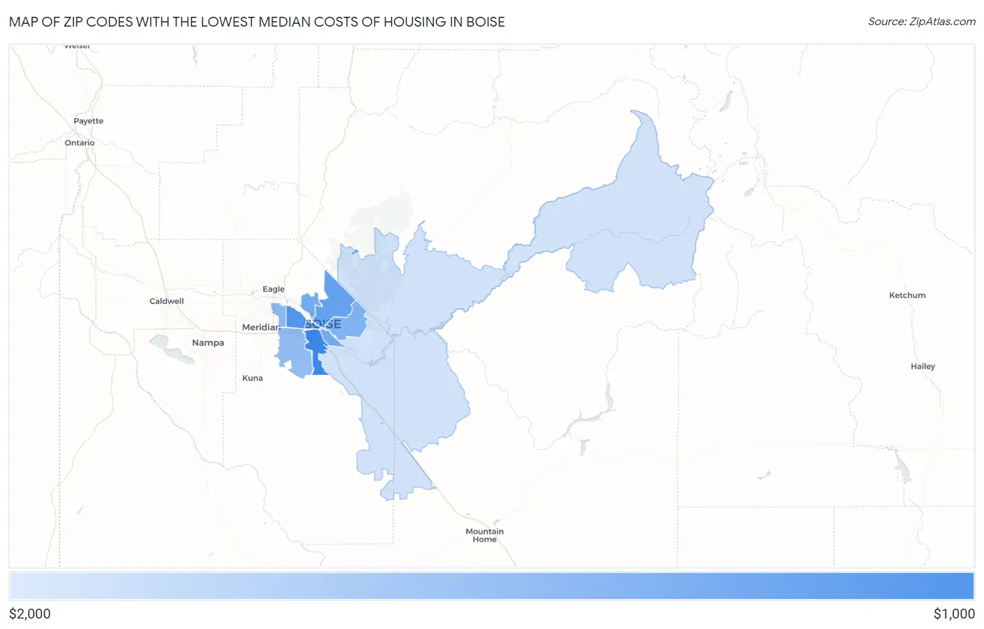 Zip Codes with the Lowest Median Costs of Housing in Boise Map