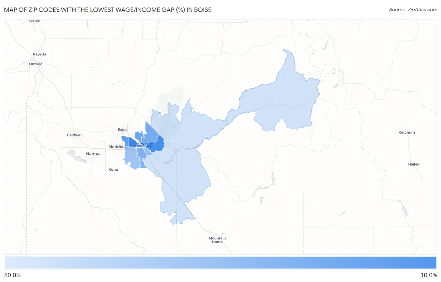 Zip Codes with the Lowest Wage/Income Gap (%) in Boise Map