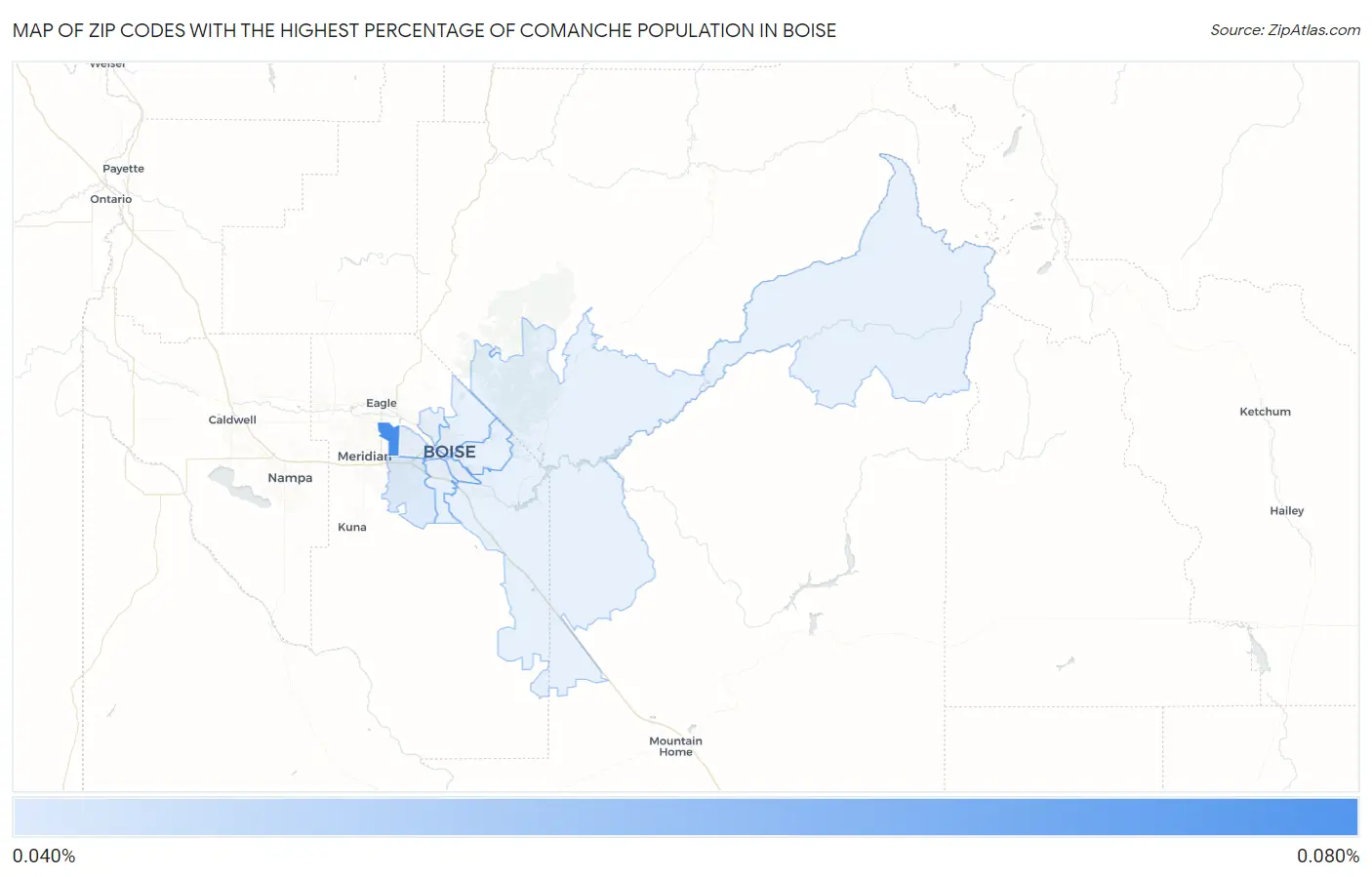Zip Codes with the Highest Percentage of Comanche Population in Boise Map
