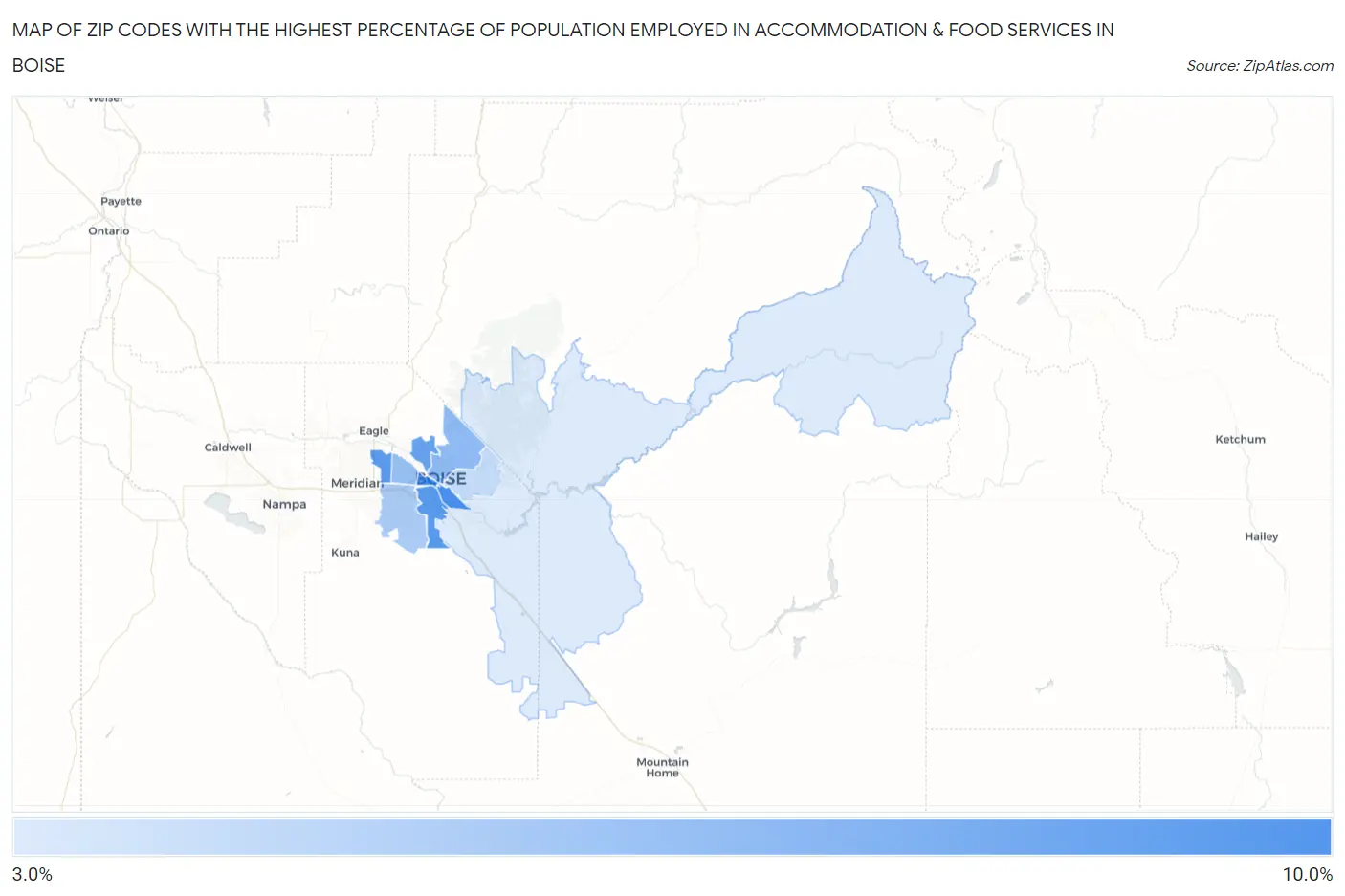 Zip Codes with the Highest Percentage of Population Employed in Accommodation & Food Services in Boise Map
