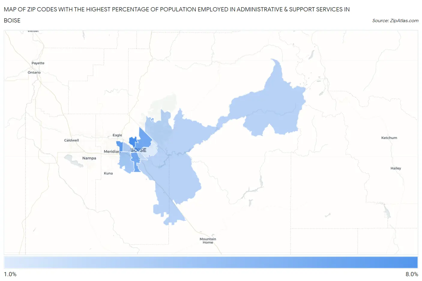 Zip Codes with the Highest Percentage of Population Employed in Administrative & Support Services in Boise Map