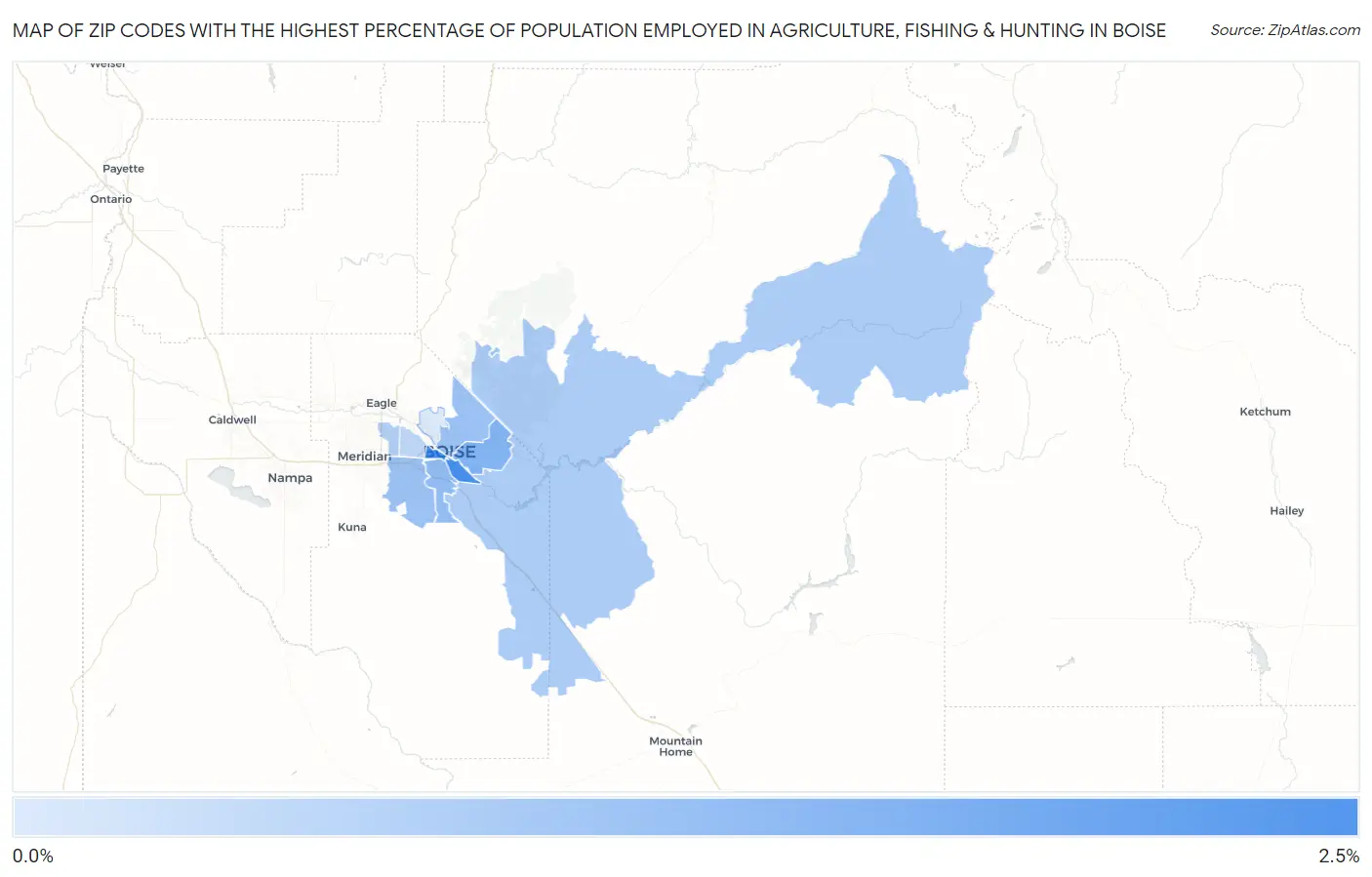 Zip Codes with the Highest Percentage of Population Employed in Agriculture, Fishing & Hunting in Boise Map