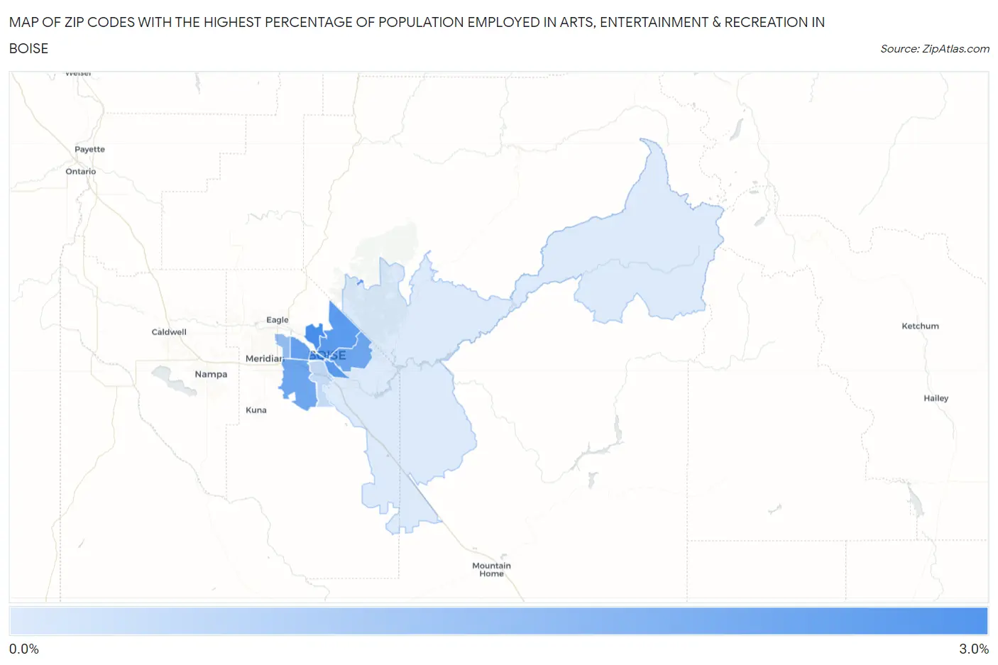 Zip Codes with the Highest Percentage of Population Employed in Arts, Entertainment & Recreation in Boise Map
