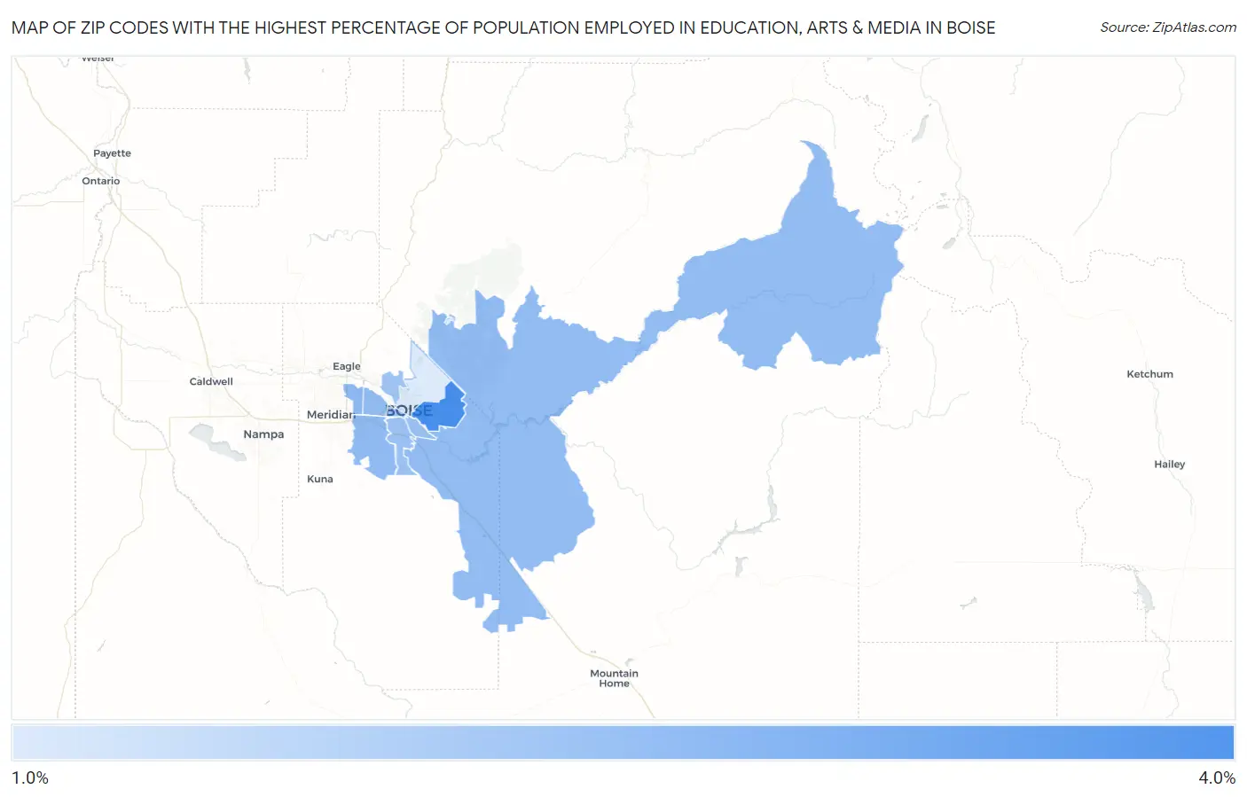 Zip Codes with the Highest Percentage of Population Employed in Education, Arts & Media in Boise Map