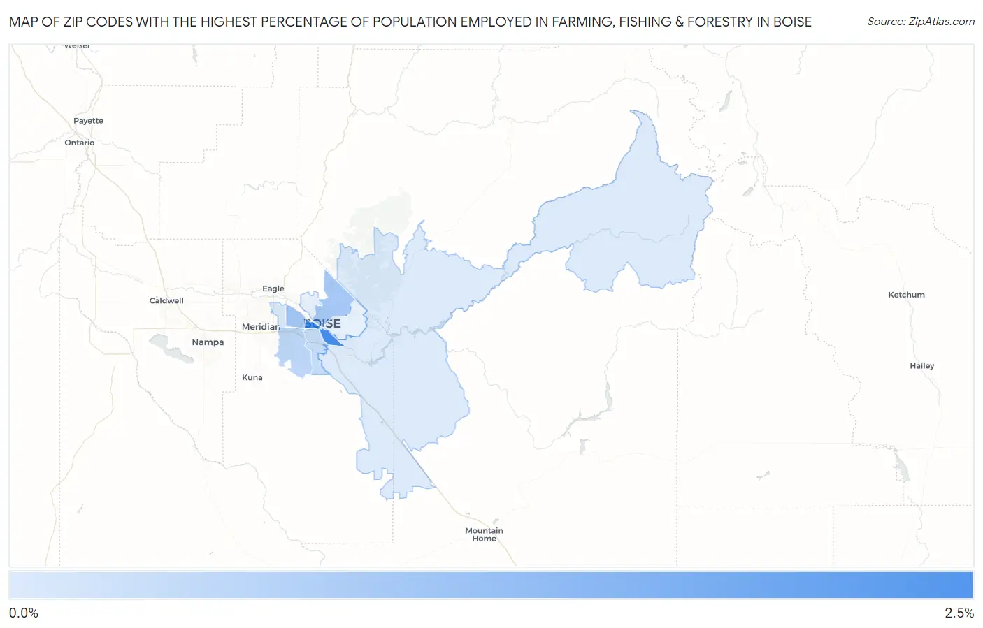 Zip Codes with the Highest Percentage of Population Employed in Farming, Fishing & Forestry in Boise Map