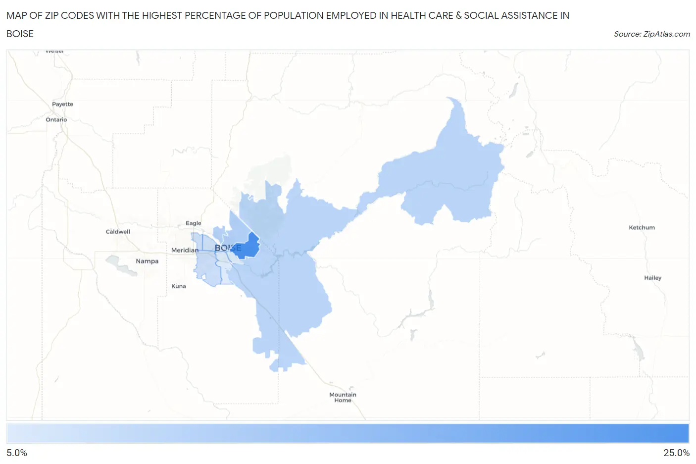 Zip Codes with the Highest Percentage of Population Employed in Health Care & Social Assistance in Boise Map