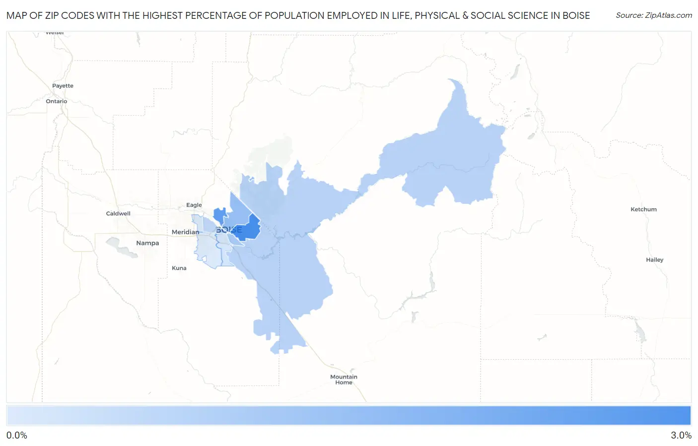 Zip Codes with the Highest Percentage of Population Employed in Life, Physical & Social Science in Boise Map