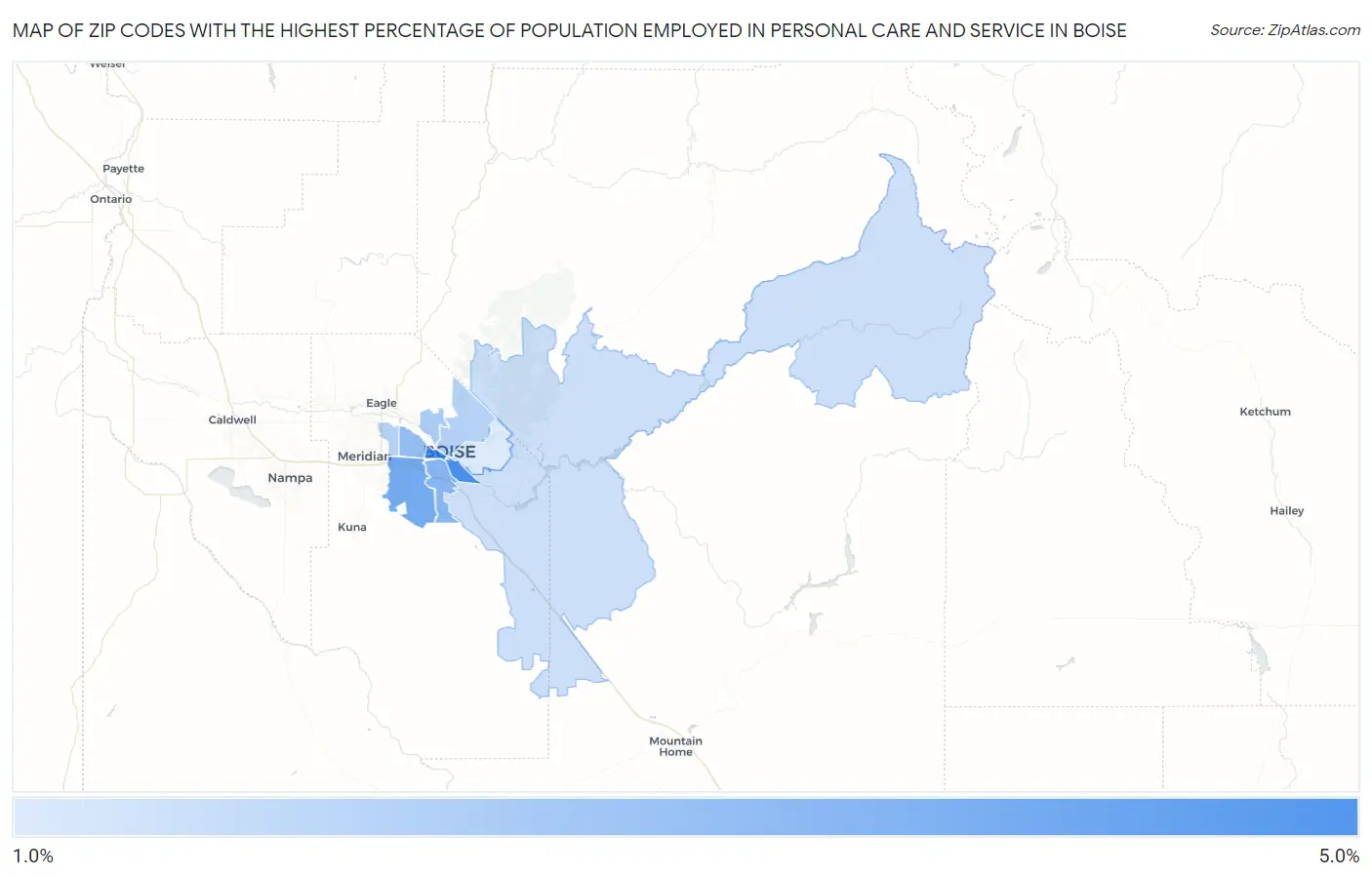 Zip Codes with the Highest Percentage of Population Employed in Personal Care and Service in Boise Map