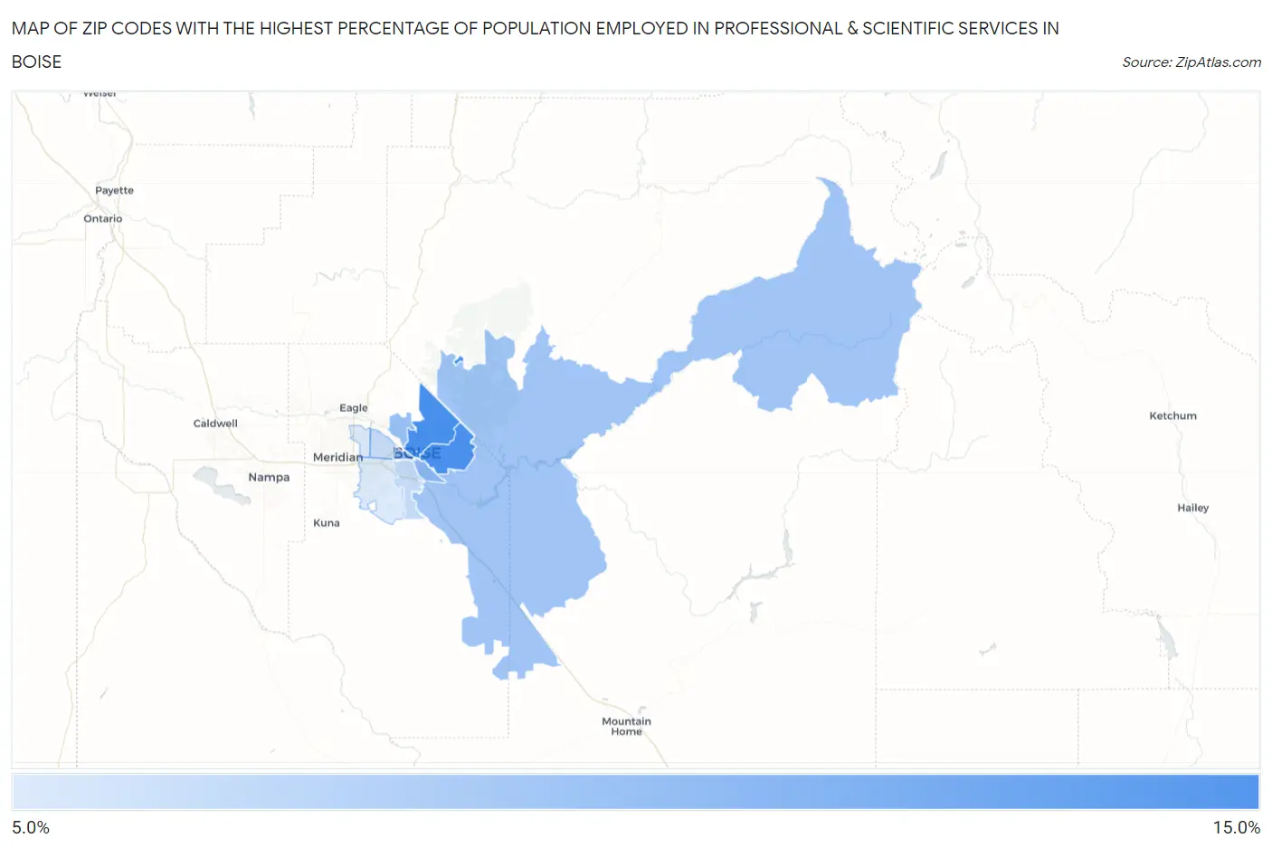 Zip Codes with the Highest Percentage of Population Employed in Professional & Scientific Services in Boise Map