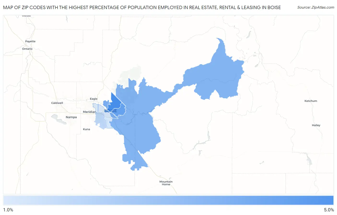 Zip Codes with the Highest Percentage of Population Employed in Real Estate, Rental & Leasing in Boise Map