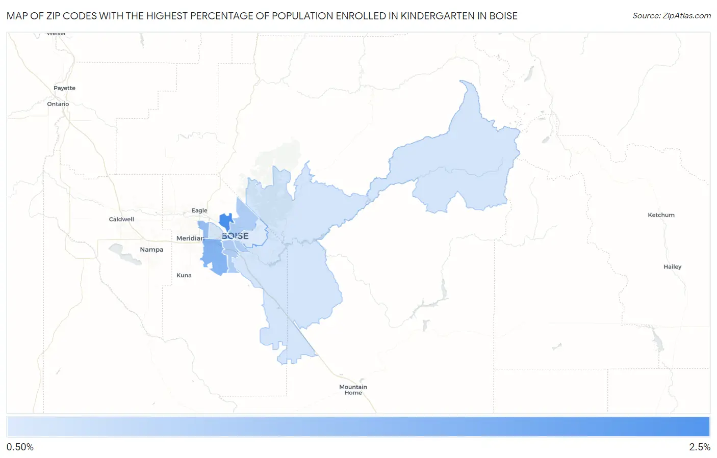 Zip Codes with the Highest Percentage of Population Enrolled in Kindergarten in Boise Map