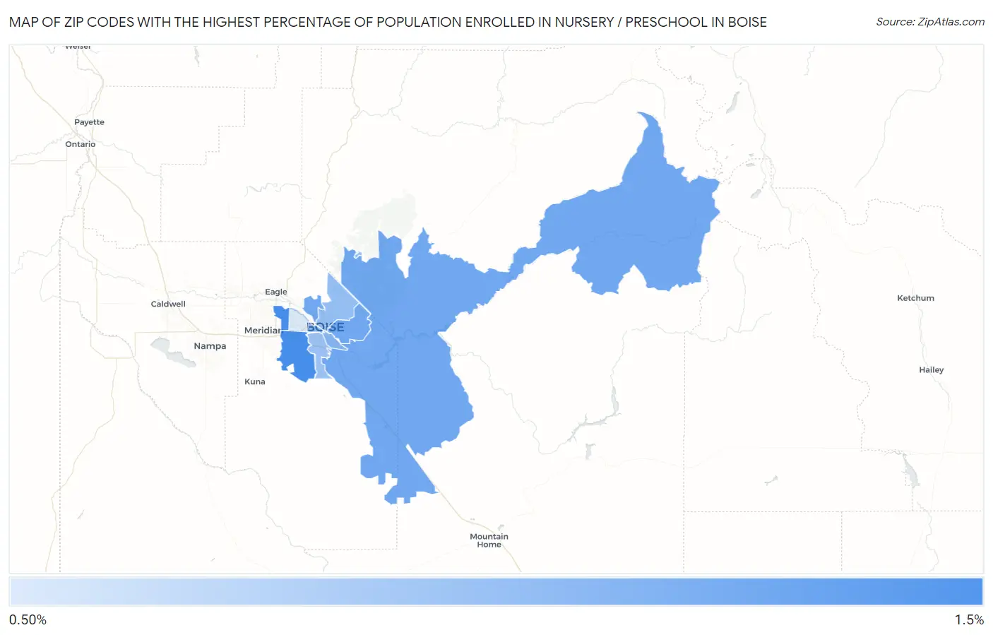 Zip Codes with the Highest Percentage of Population Enrolled in Nursery / Preschool in Boise Map