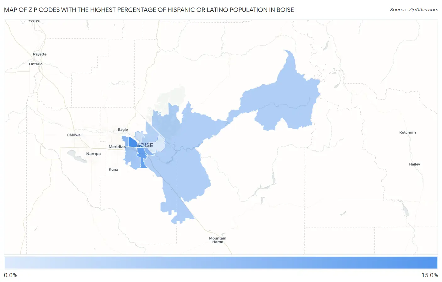 Zip Codes with the Highest Percentage of Hispanic or Latino Population in Boise Map