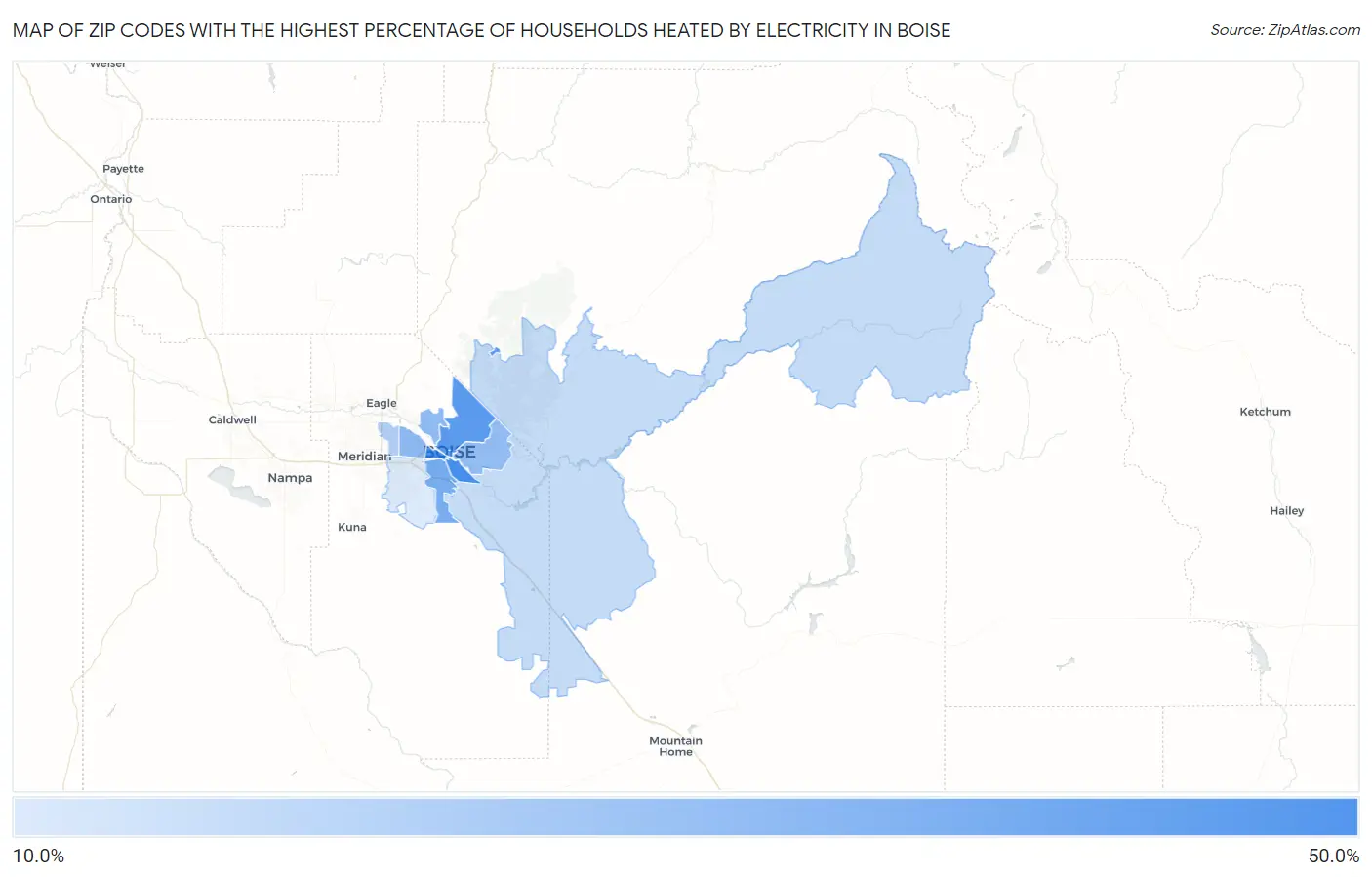 Zip Codes with the Highest Percentage of Households Heated by Electricity in Boise Map