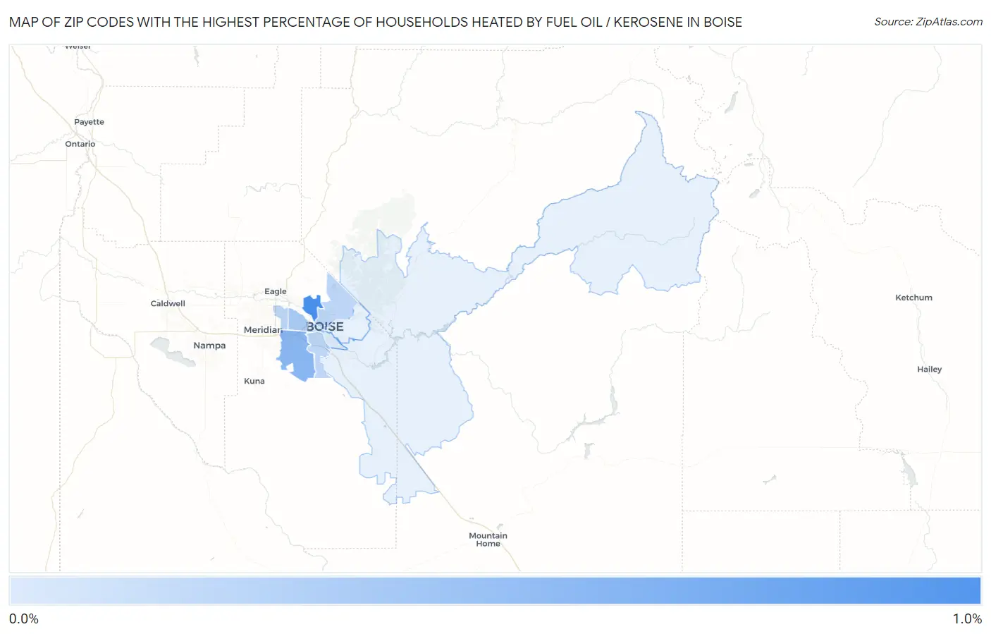 Zip Codes with the Highest Percentage of Households Heated by Fuel Oil / Kerosene in Boise Map