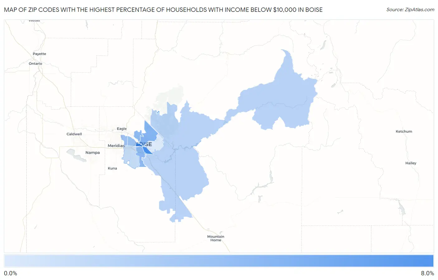 Zip Codes with the Highest Percentage of Households with Income Below $10,000 in Boise Map