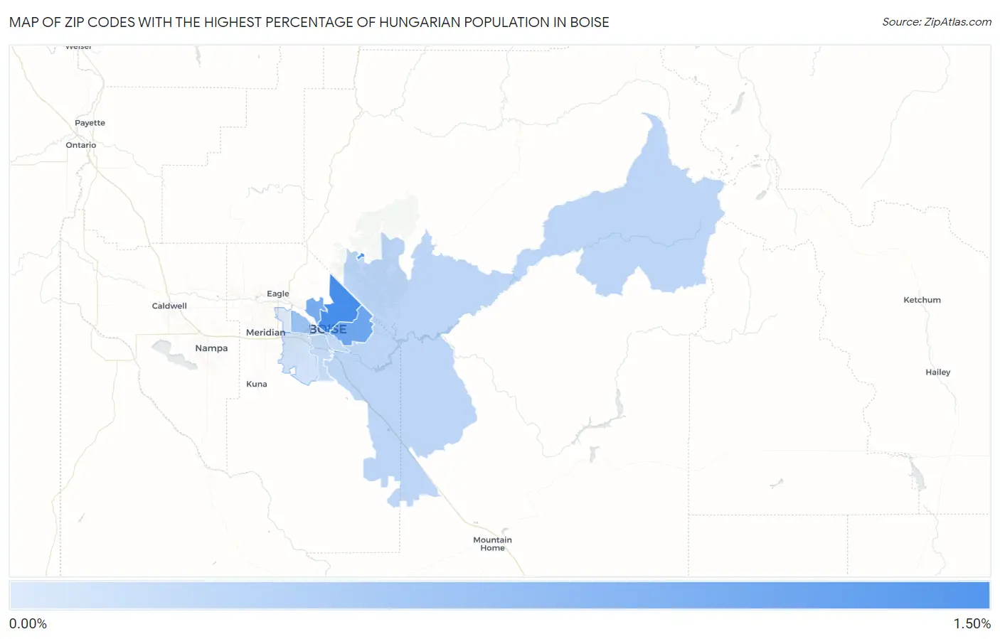 Zip Codes with the Highest Percentage of Hungarian Population in Boise Map