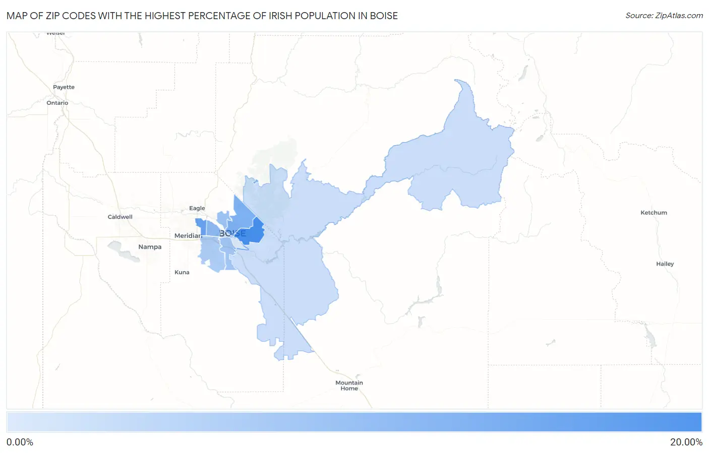 Zip Codes with the Highest Percentage of Irish Population in Boise Map