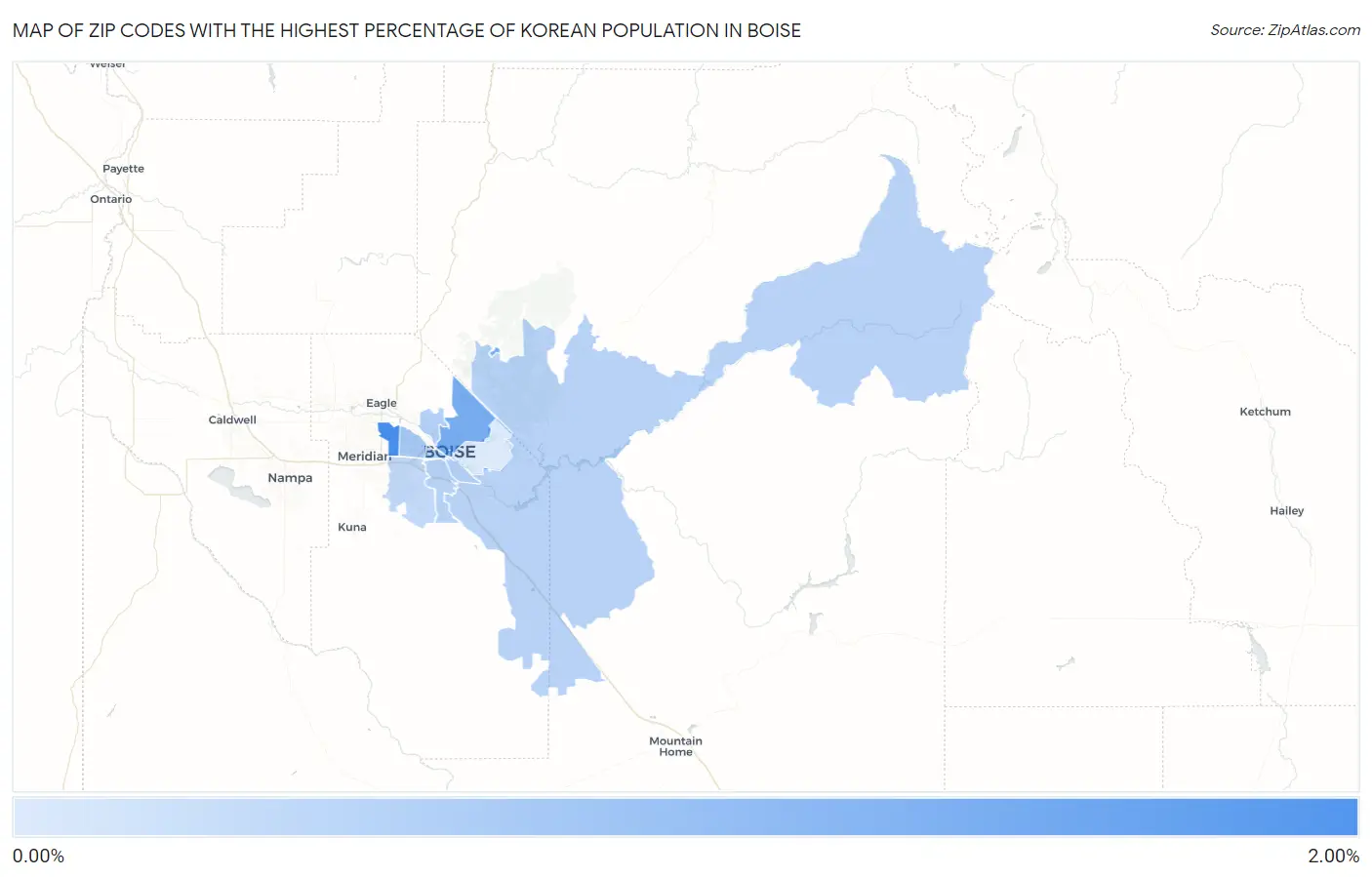 Zip Codes with the Highest Percentage of Korean Population in Boise Map