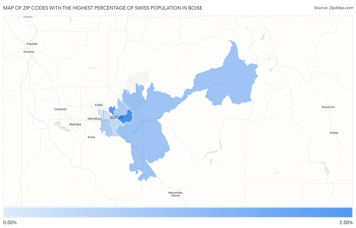 Zip Codes with the Highest Percentage of Swiss Population in Boise Map