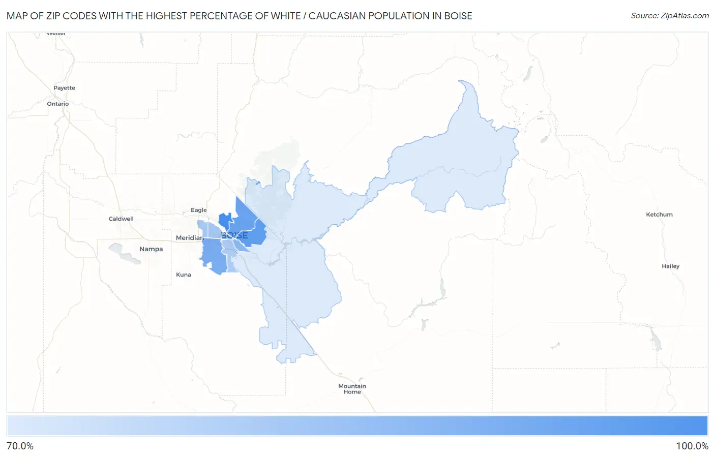 Zip Codes with the Highest Percentage of White / Caucasian Population in Boise Map