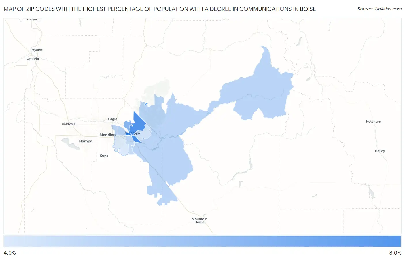 Zip Codes with the Highest Percentage of Population with a Degree in Communications in Boise Map