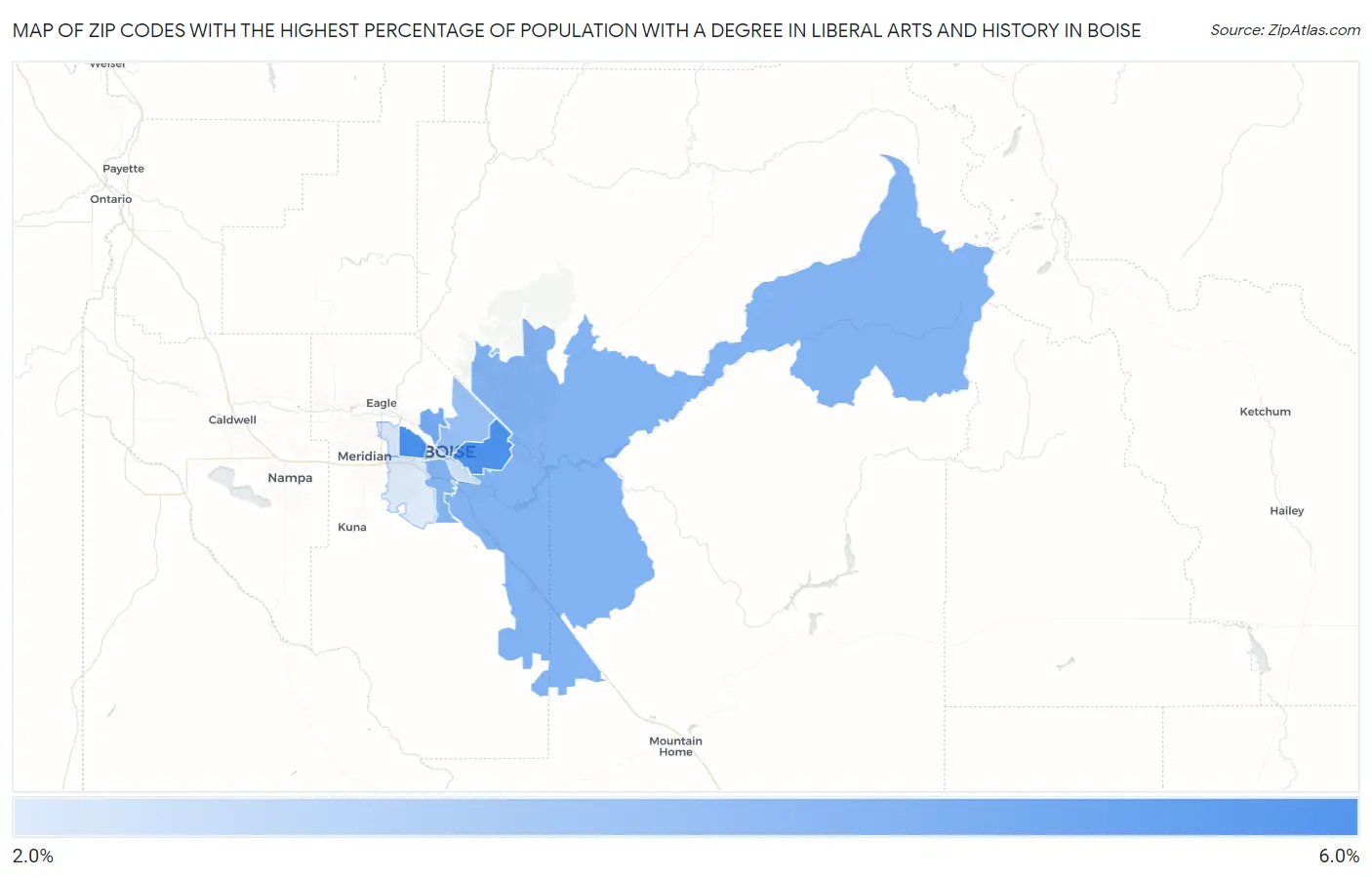 Zip Codes with the Highest Percentage of Population with a Degree in Liberal Arts and History in Boise Map