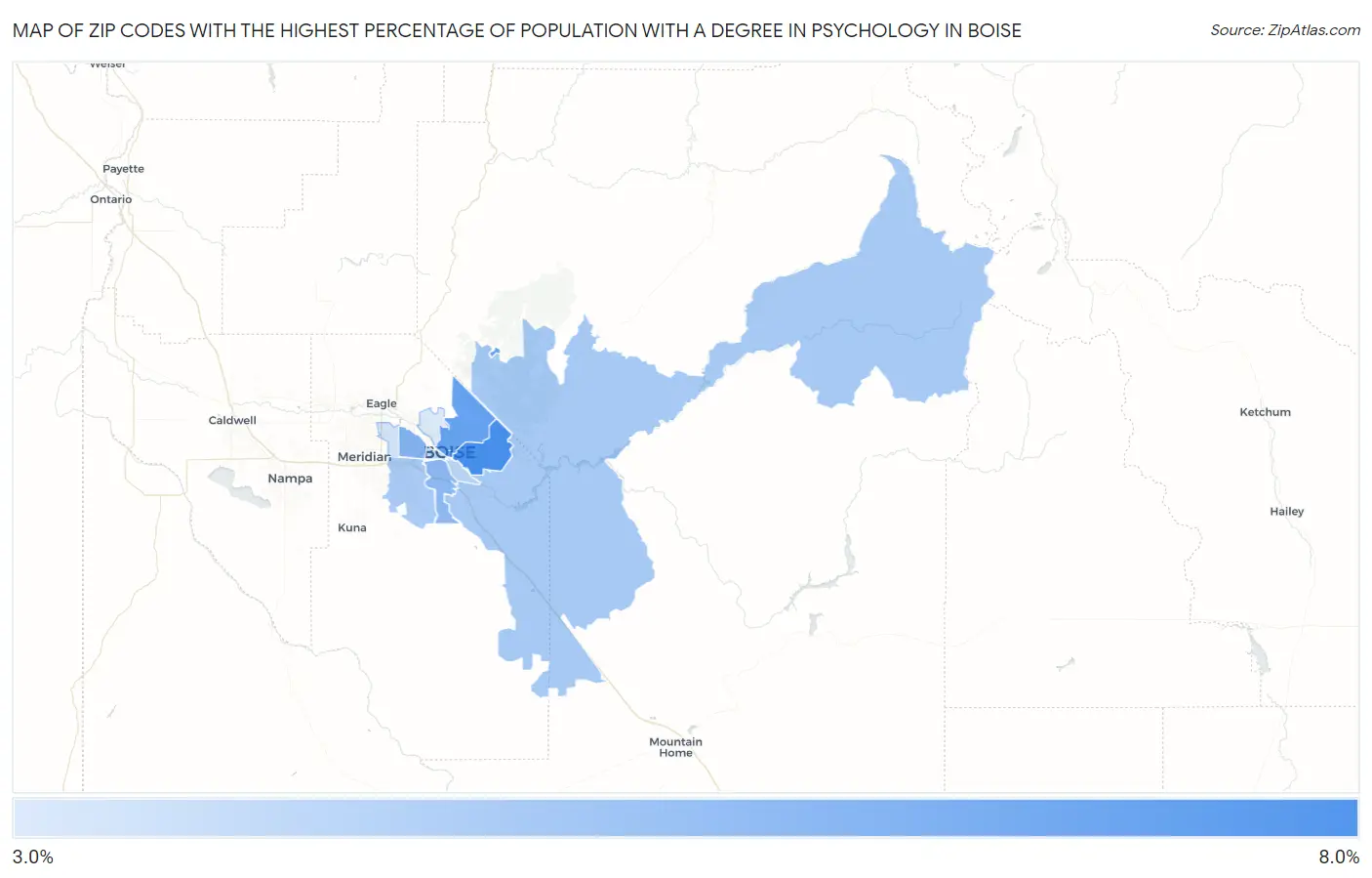 Zip Codes with the Highest Percentage of Population with a Degree in Psychology in Boise Map