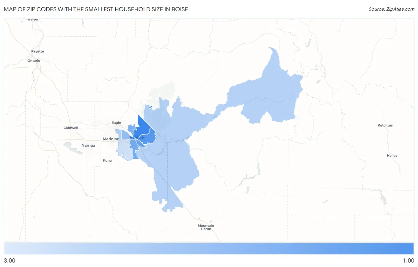 Zip Codes with the Smallest Household Size in Boise Map