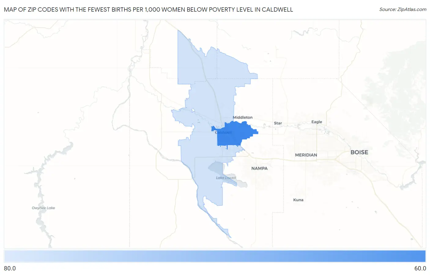 Zip Codes with the Fewest Births per 1,000 Women Below Poverty Level in Caldwell Map