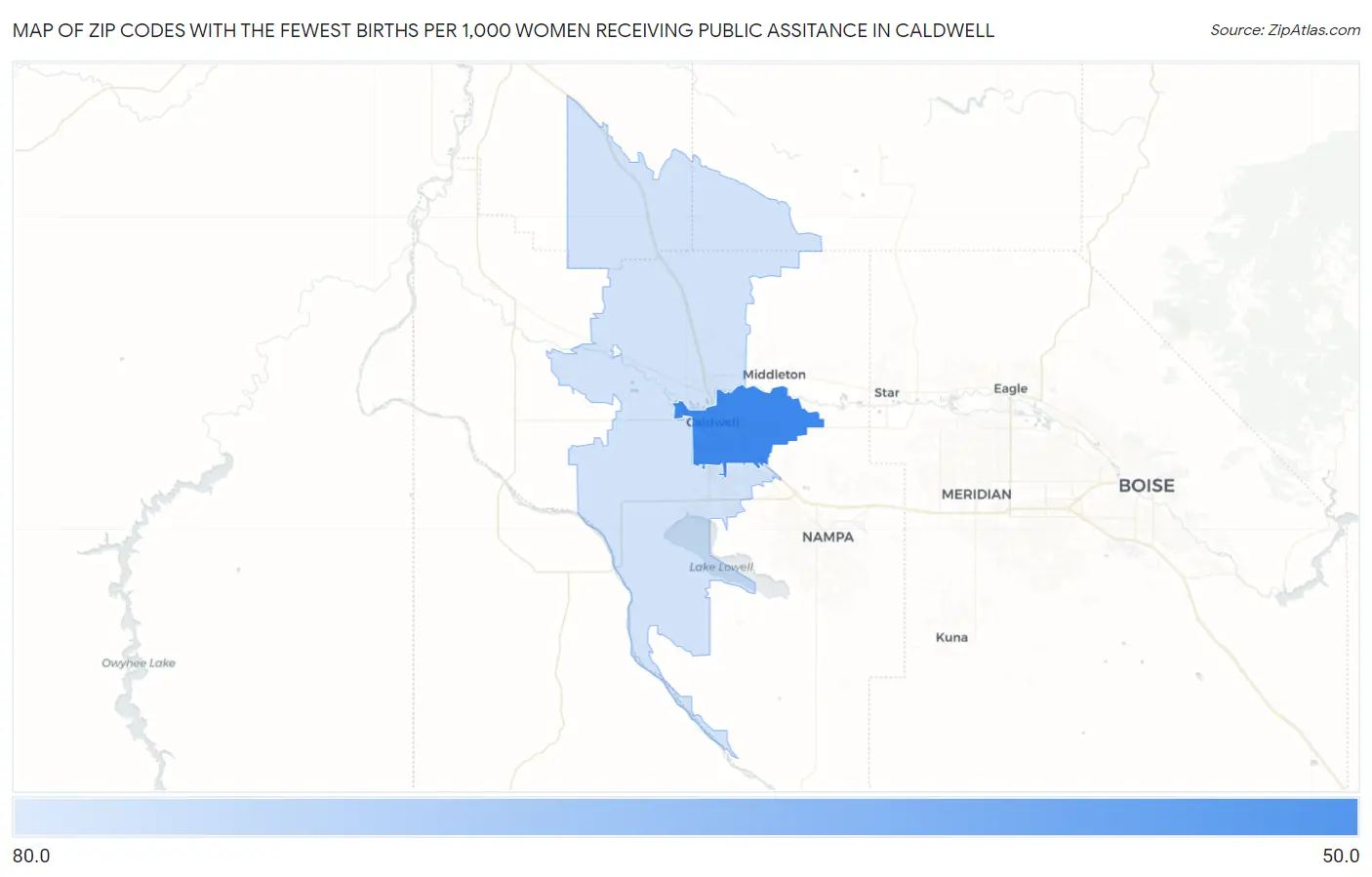 Zip Codes with the Fewest Births per 1,000 Women Receiving Public Assitance in Caldwell Map
