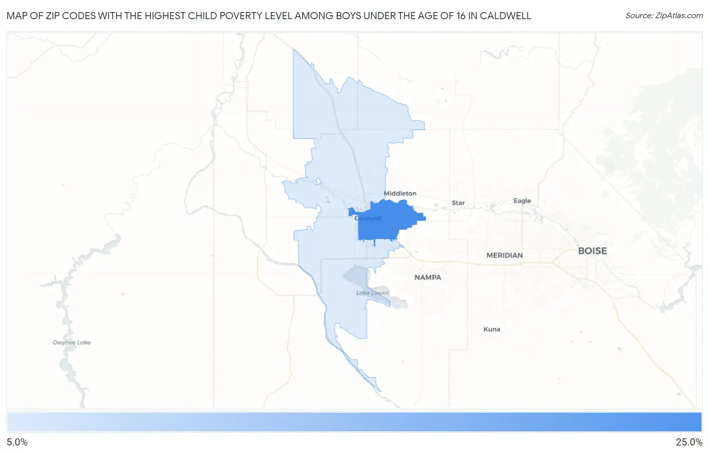 Zip Codes with the Highest Child Poverty Level Among Boys Under the Age of 16 in Caldwell Map